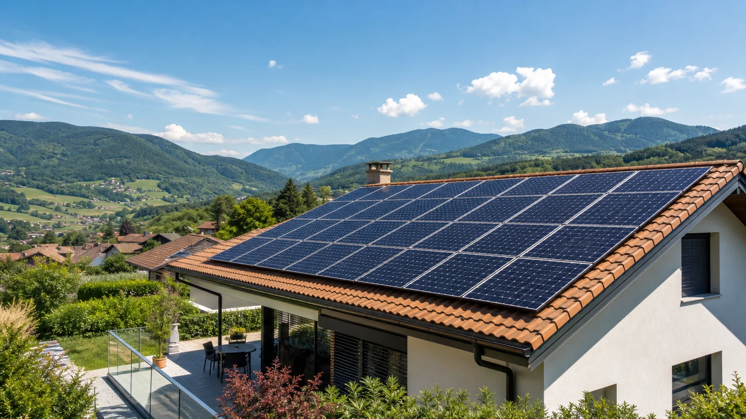 Toiture équipée de panneaux solaires dans un paysage d'Auvergne Rhône Alpes