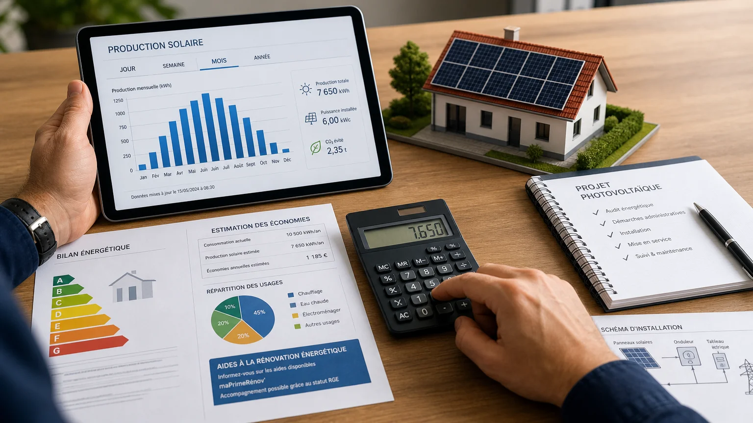 Estimation de la production de panneaux solaires sur tablette et calculatrice