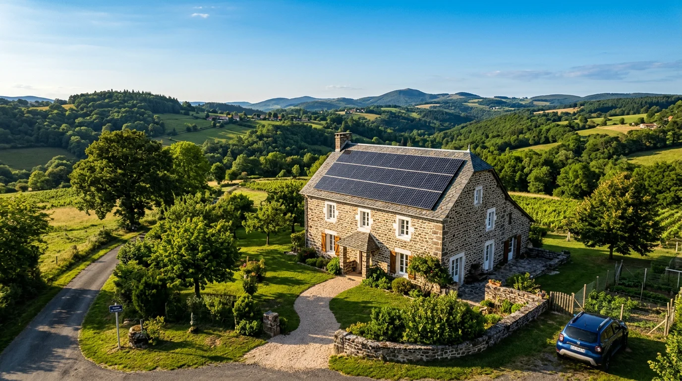 Maison auvergnate avec panneaux photovoltaïques sur le toit au coucher du soleil
