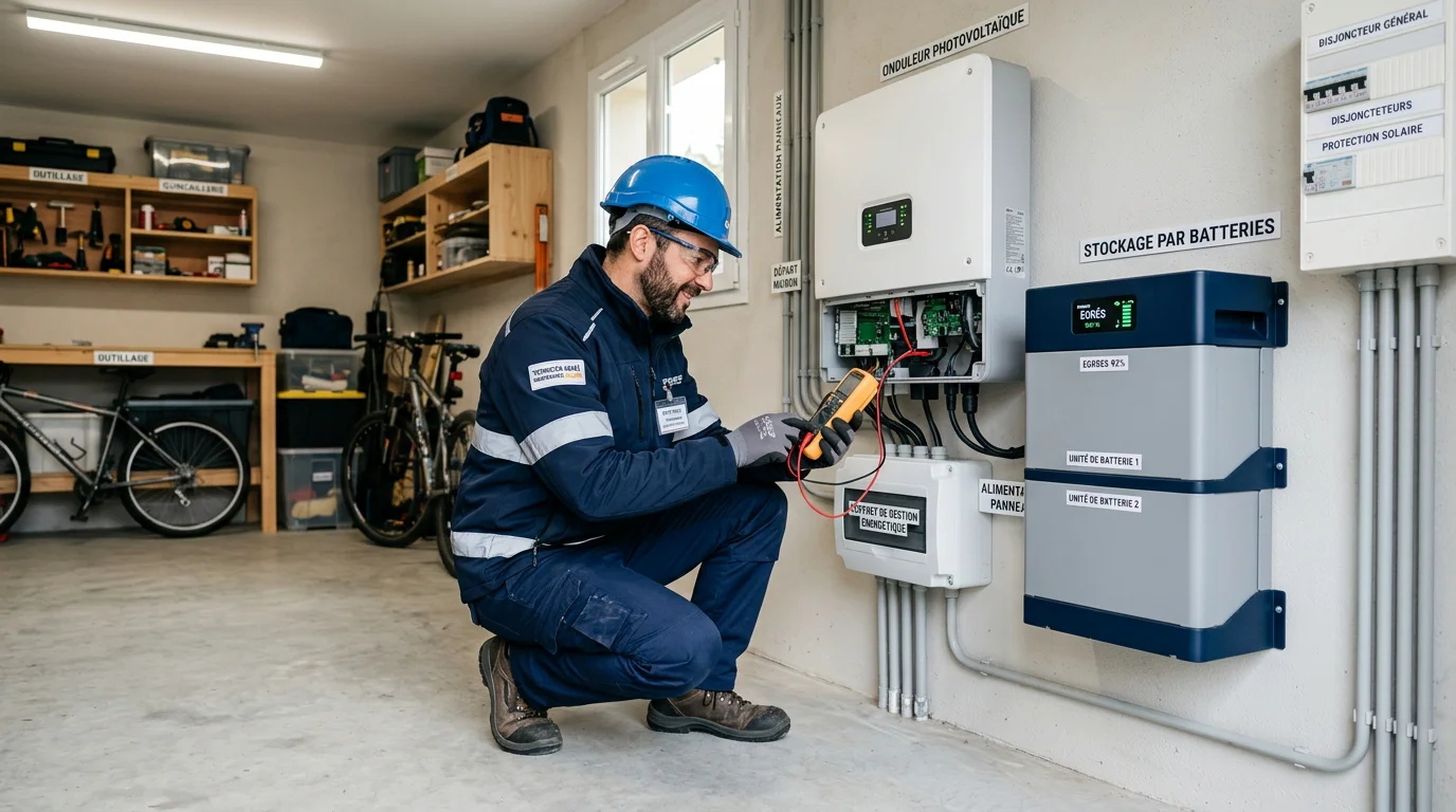 Technicien contrôlant un onduleur et une batterie de stockage solaire