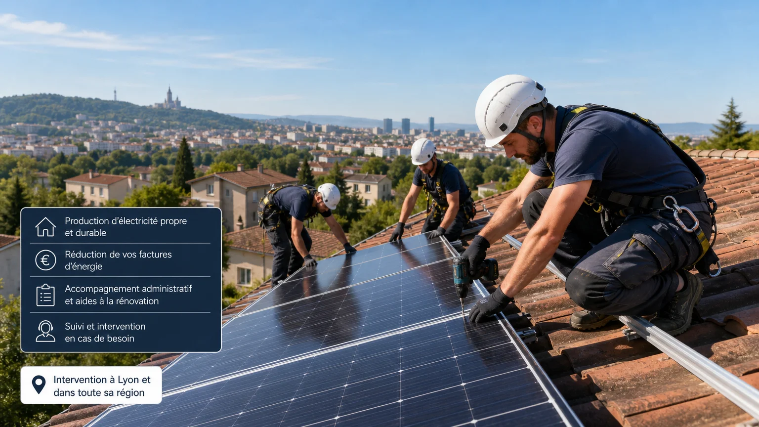 Installateurs posant des panneaux solaires sur un toit dans la région lyonnaise
