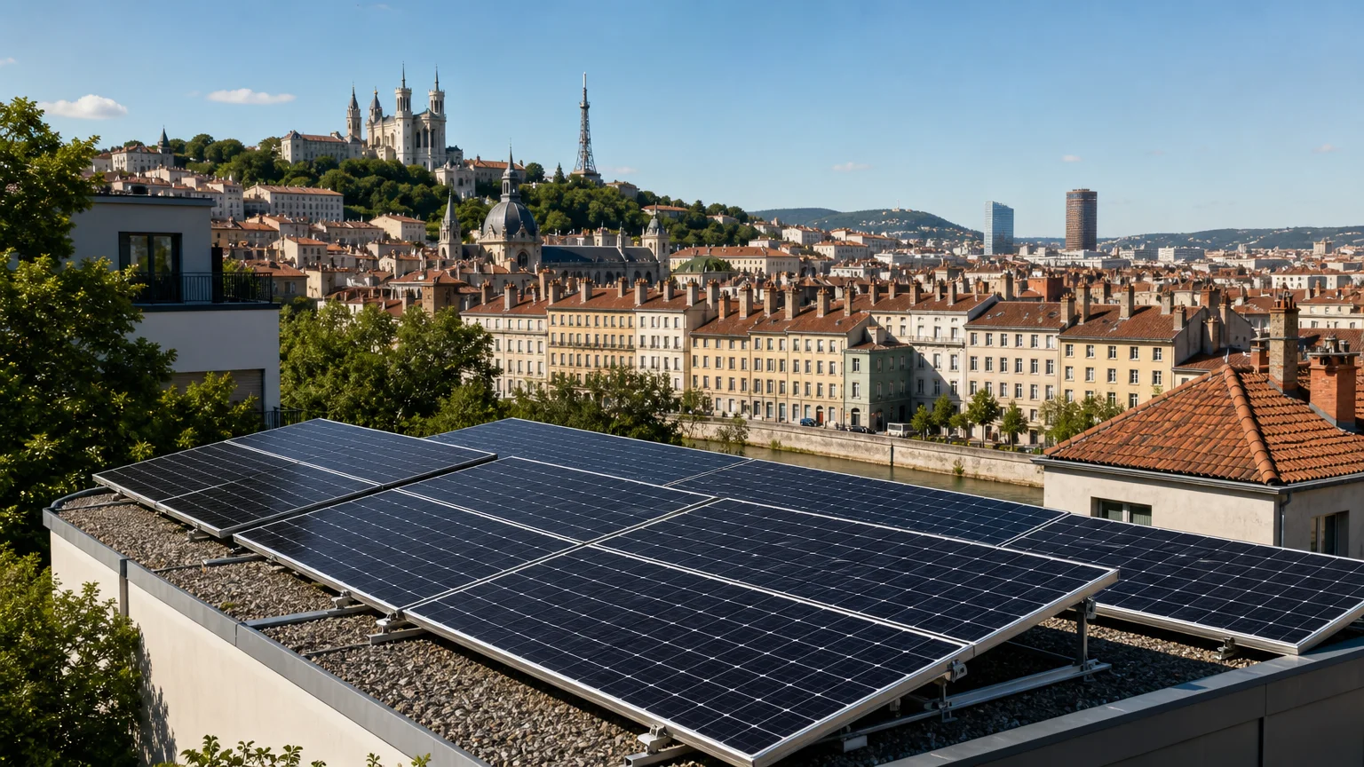 Panneaux solaires installés sur un toit résidentiel surplombant Lyon