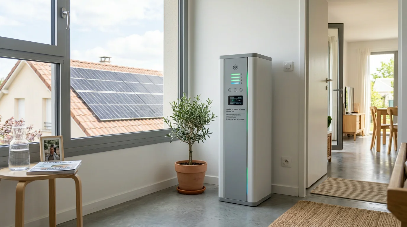 Batterie solaire lithium moderne installée dans une maison avec panneaux photovoltaïques