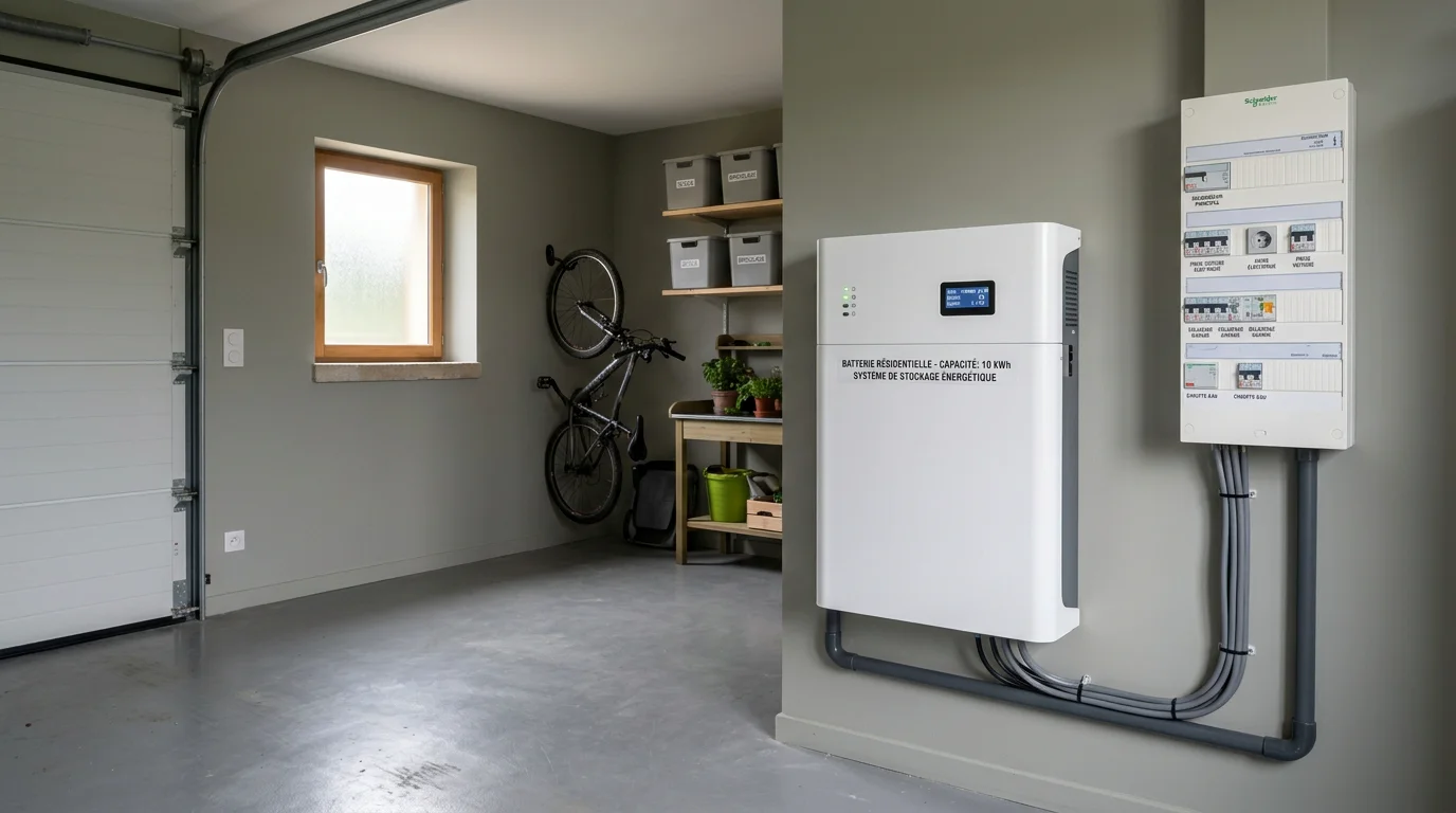 Batterie de stockage solaire murale installée dans un garage à côté du tableau électrique