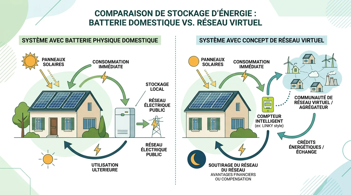 Schéma comparant une batterie physique et une batterie virtuelle pour le stockage solaire