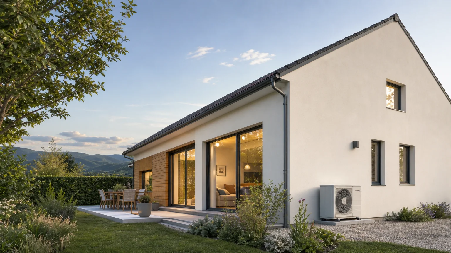Maison équipée d’une pompe à chaleur dans un environnement résidentiel
