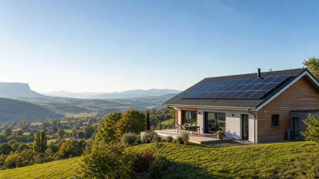 Maison équipée de panneaux photovoltaïques dans la région Auvergne Rhône Alpes