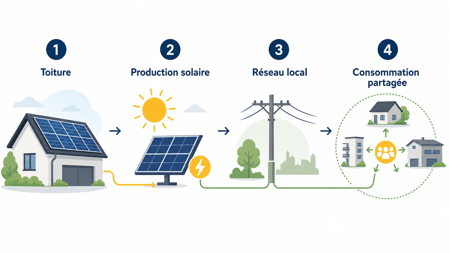 Schéma des étapes d’une autoconsommation collective photovoltaïque locale