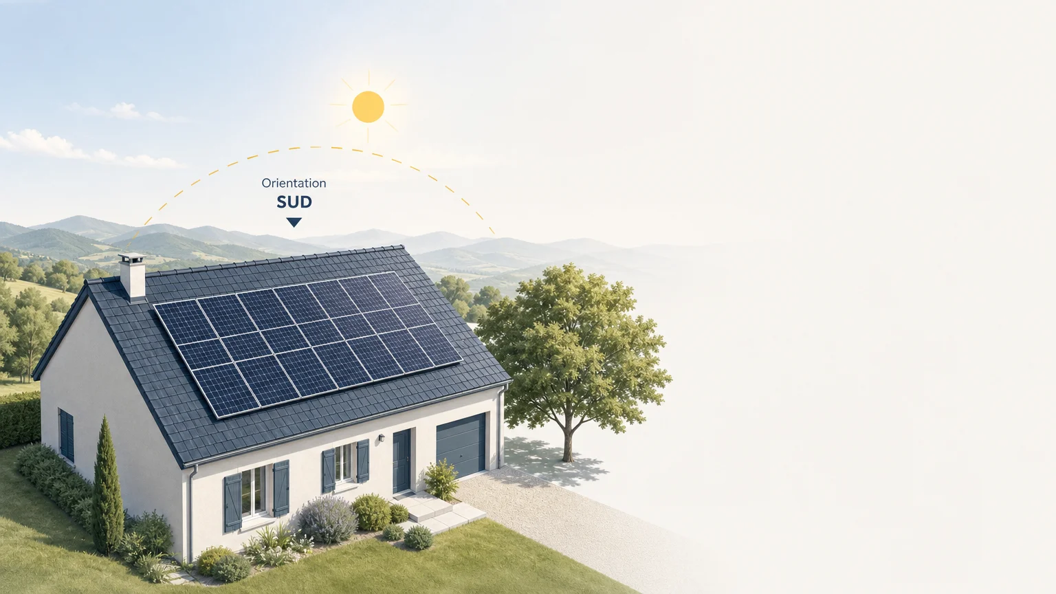 Illustration d’une maison avec des panneaux solaires orientés vers le sud