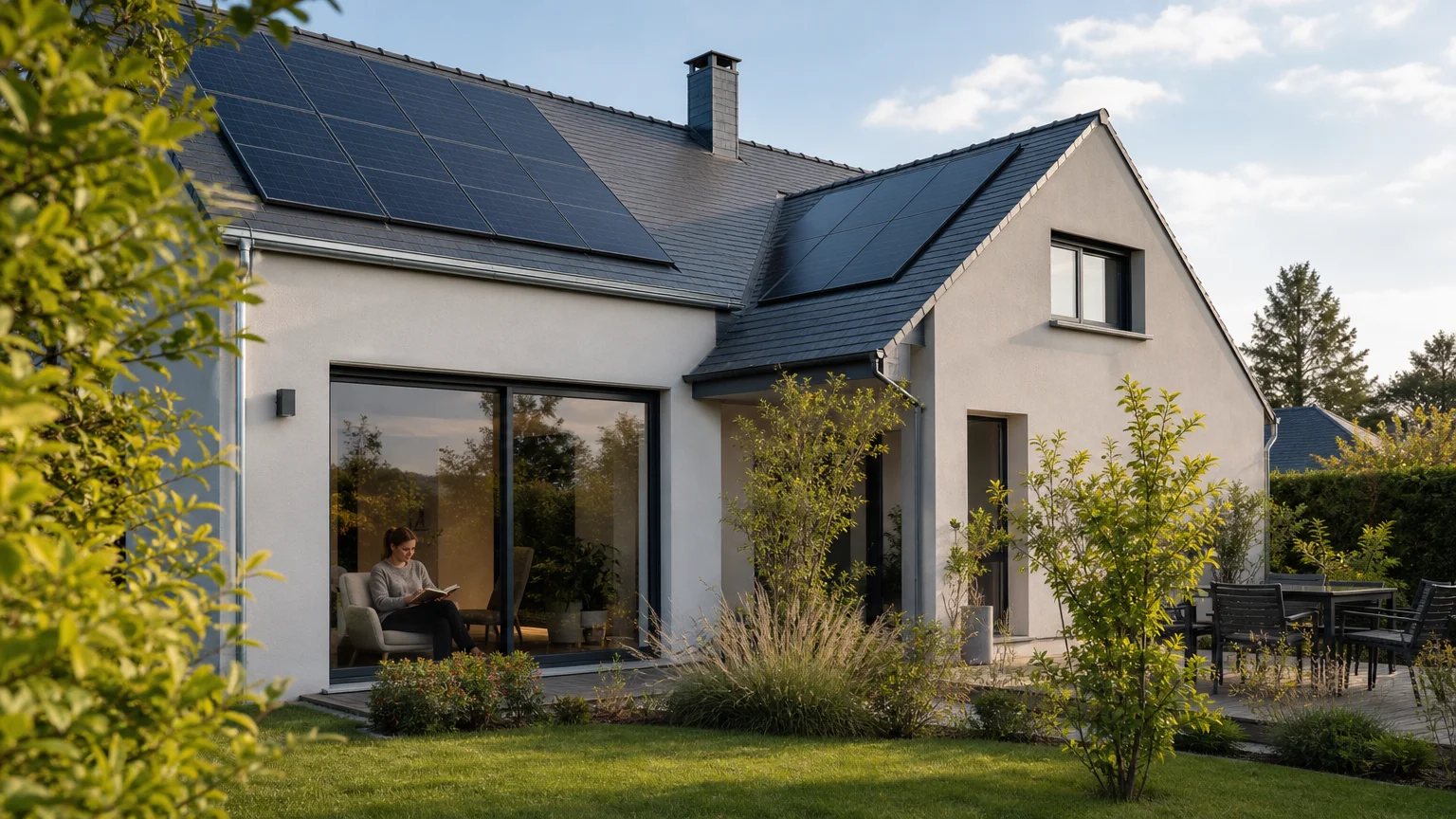 Maison équipée de panneaux solaires sur deux pans est et ouest