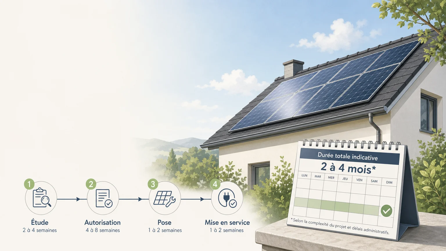 Illustration d’une installation photovoltaïque et de son calendrier