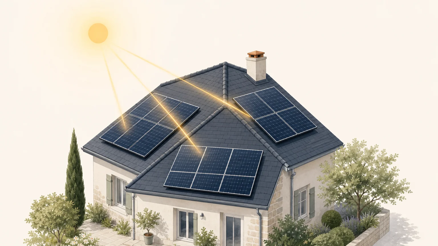 Illustration d’une toiture française équipée de panneaux solaires sur plusieurs orientations