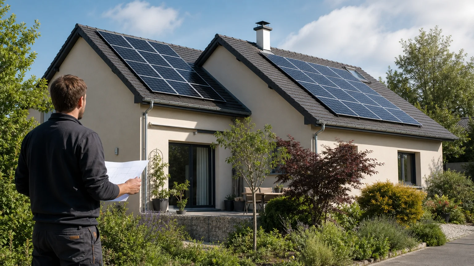Maison française équipée de panneaux solaires sur plusieurs pans de toiture