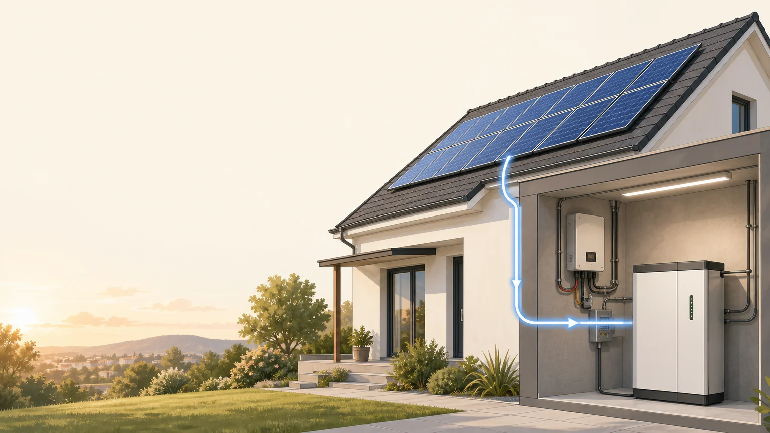 Maison équipée de panneaux photovoltaïques et d’une batterie physique