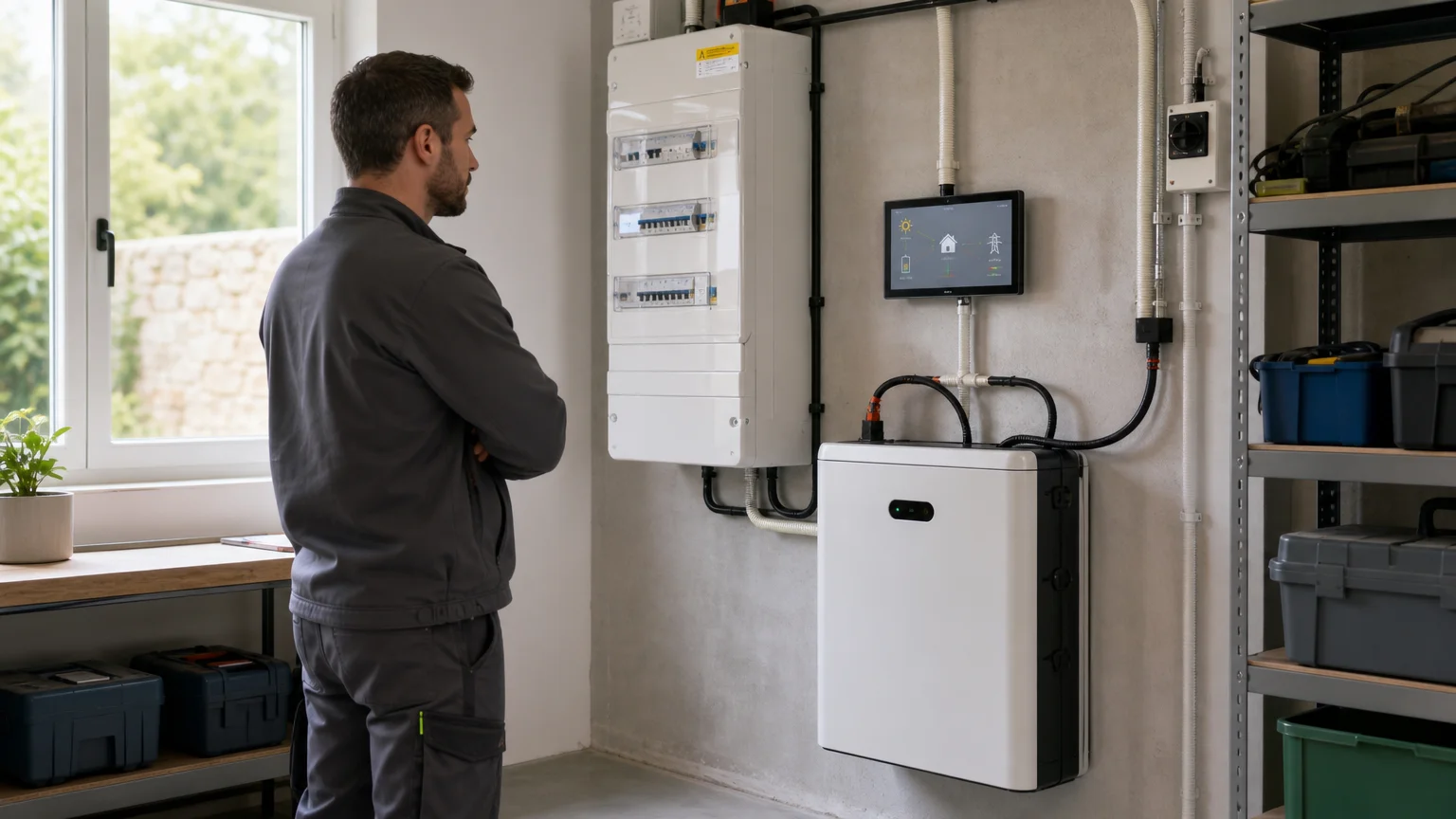 Technicien vérifiant le dimensionnement d’une batterie solaire dans une maison